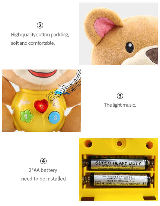Product features including high-quality cotton padding, light music function, and battery installation on a plush toy.