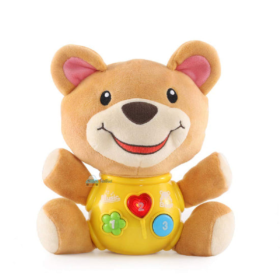 Plush teddy bear toy with a yellow torso featuring buttons on a white background