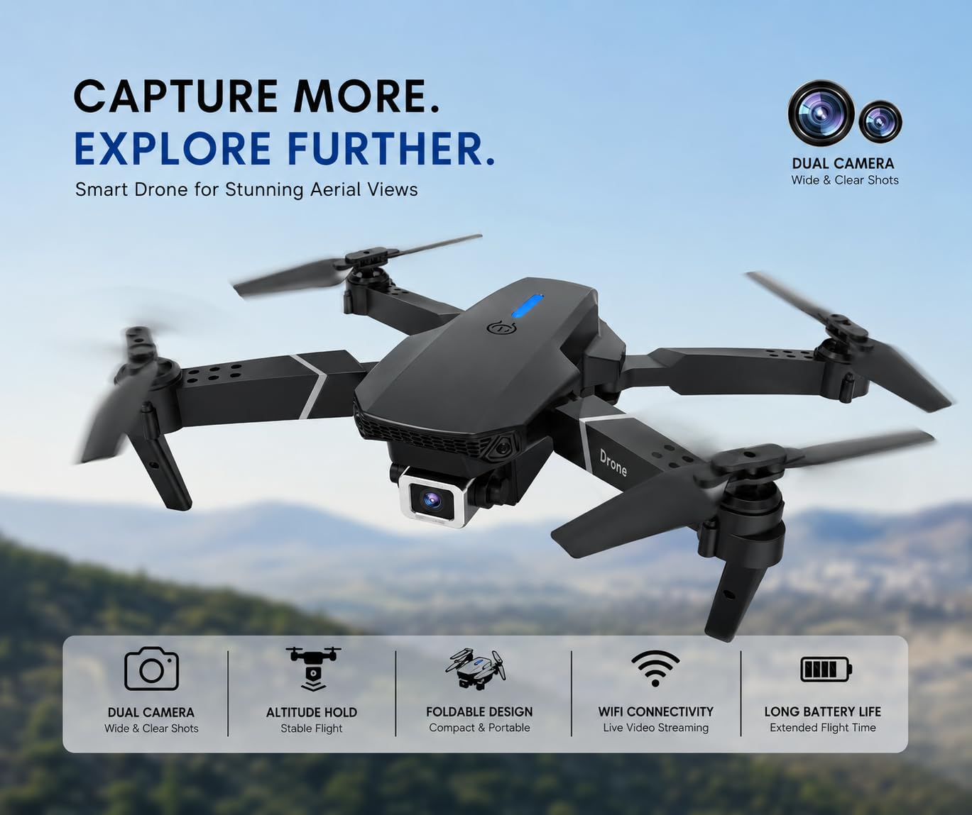 E88 4K HD Camera Foldable Dron Toy with APP Control, Air Pressure Altitude Hold, 360° Roll & Long Life Battery | WiFi FPV RC Quadcopter for Kids &...