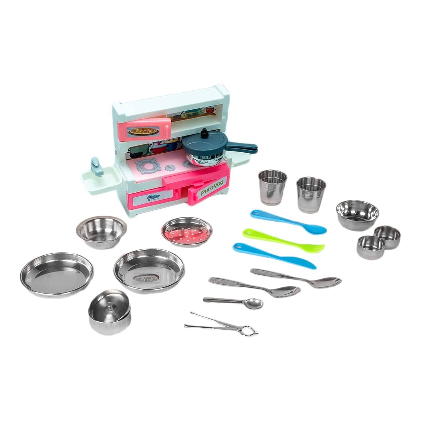 Sunny 21 Pieces Pure Veg Jumbo Kitchen Play Set with Plastic Kitchen Stand & Stainless Steel Utensils