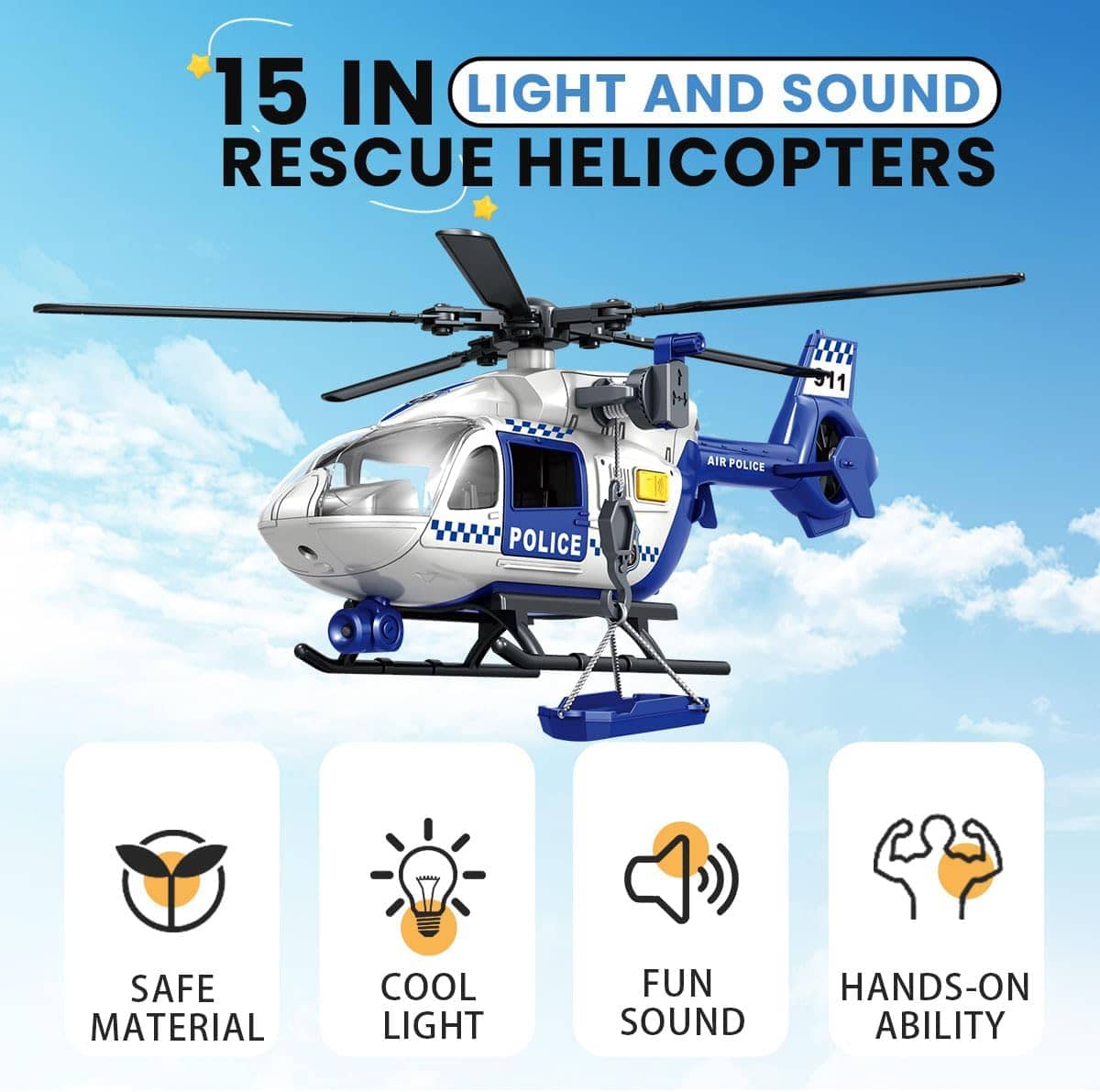 Police Air Rescue Helicopter Toy with Lights and Sounds, 15 x 4.3 x 4.3 inches (Police Planes)