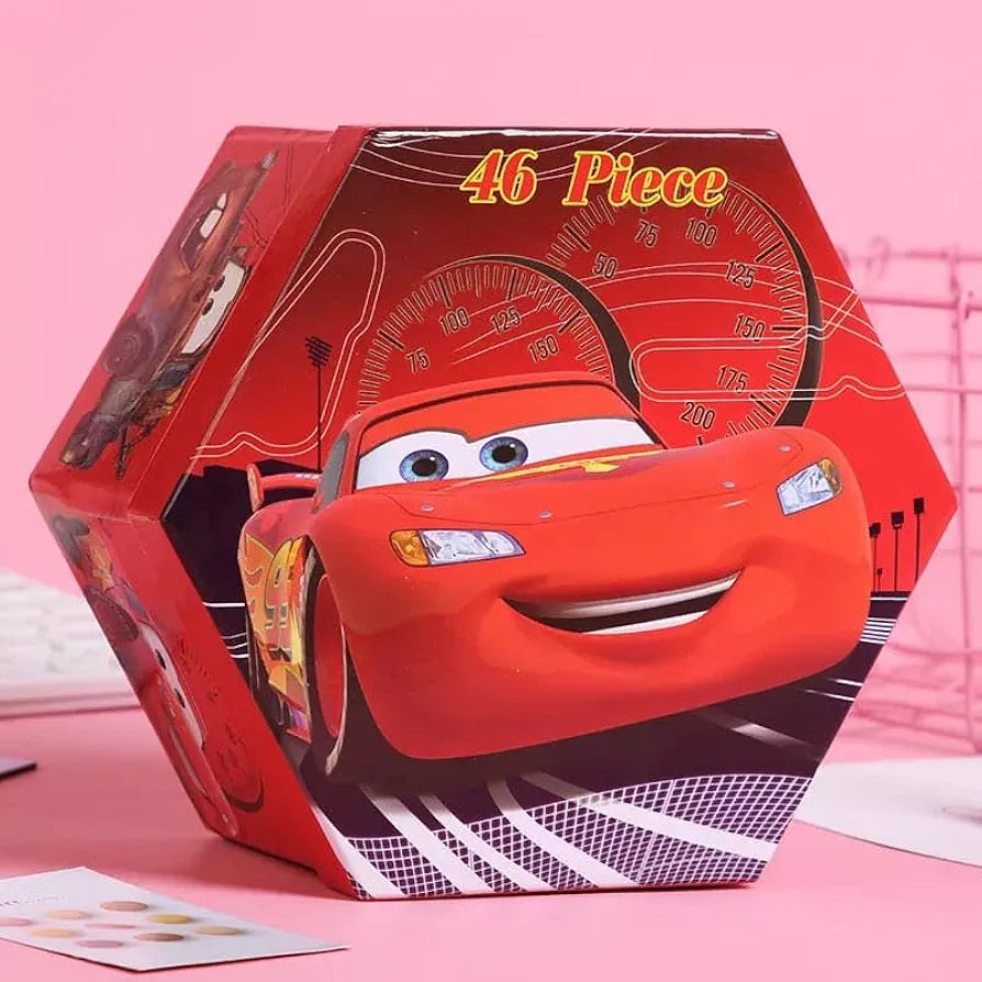 Cartoon Theme 46 Pcs Drawing Art Set with Paint, Color Pencils, Crayons, Color Pens, Eraser, Sharpener, Paint Brush & Paper Clip for Kids | Best Return Gift for Kids (Cars Theme, Red)