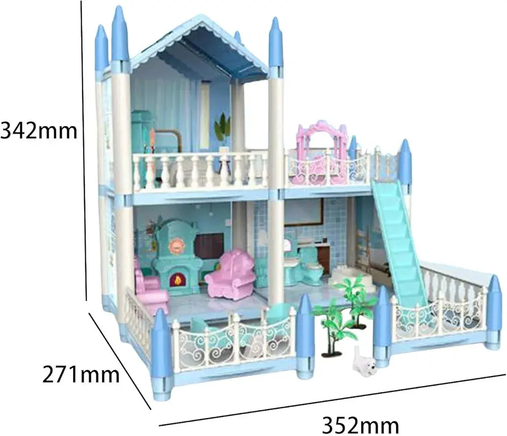 Toy dollhouse with multiple levels, furniture, and a slide on a white background