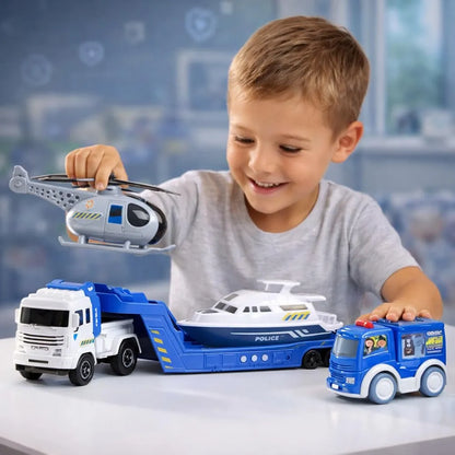 Action Cops City Police Ultimate Fleet with Sound – 35cm Command Truck + Boat + Helicopter + Police Van (4-Piece Set)