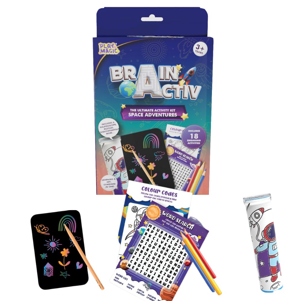 Brain Activ space adventures activity kit with packaging, coloring book, and markers on a white background
