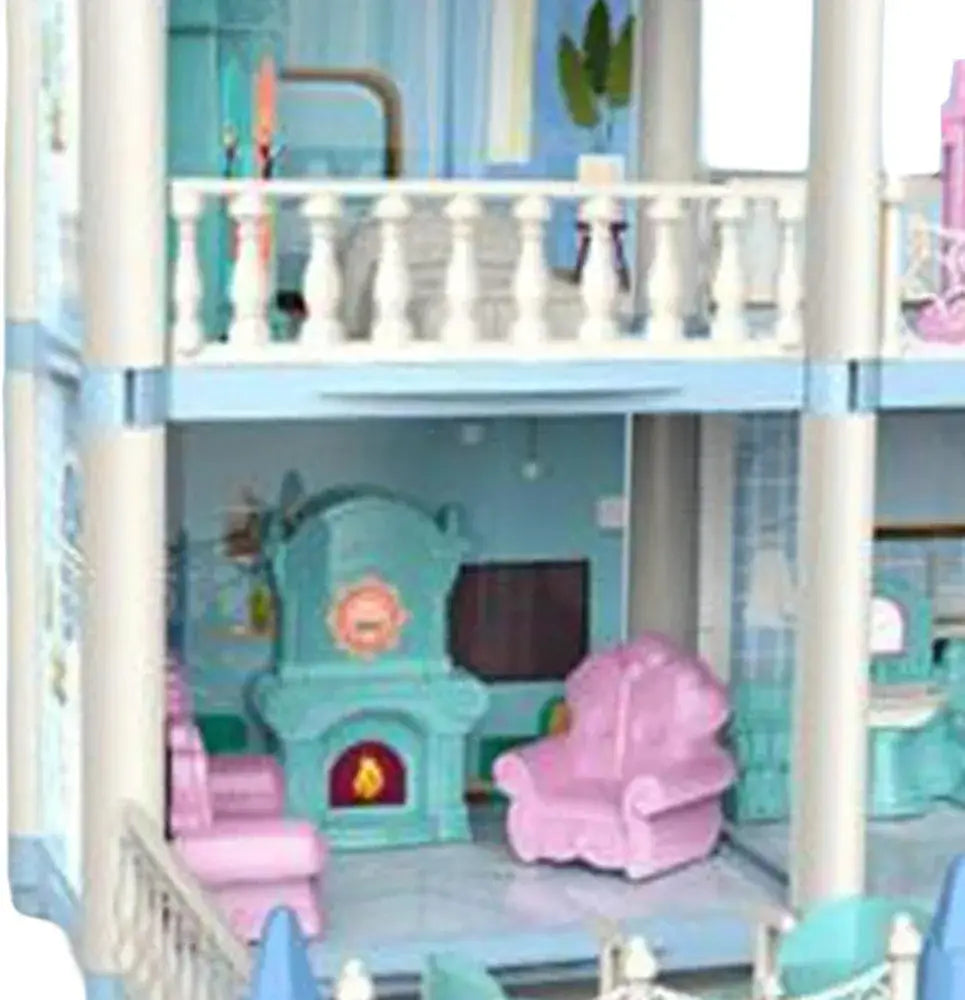 Toy dollhouse with furniture and accessories on a white background