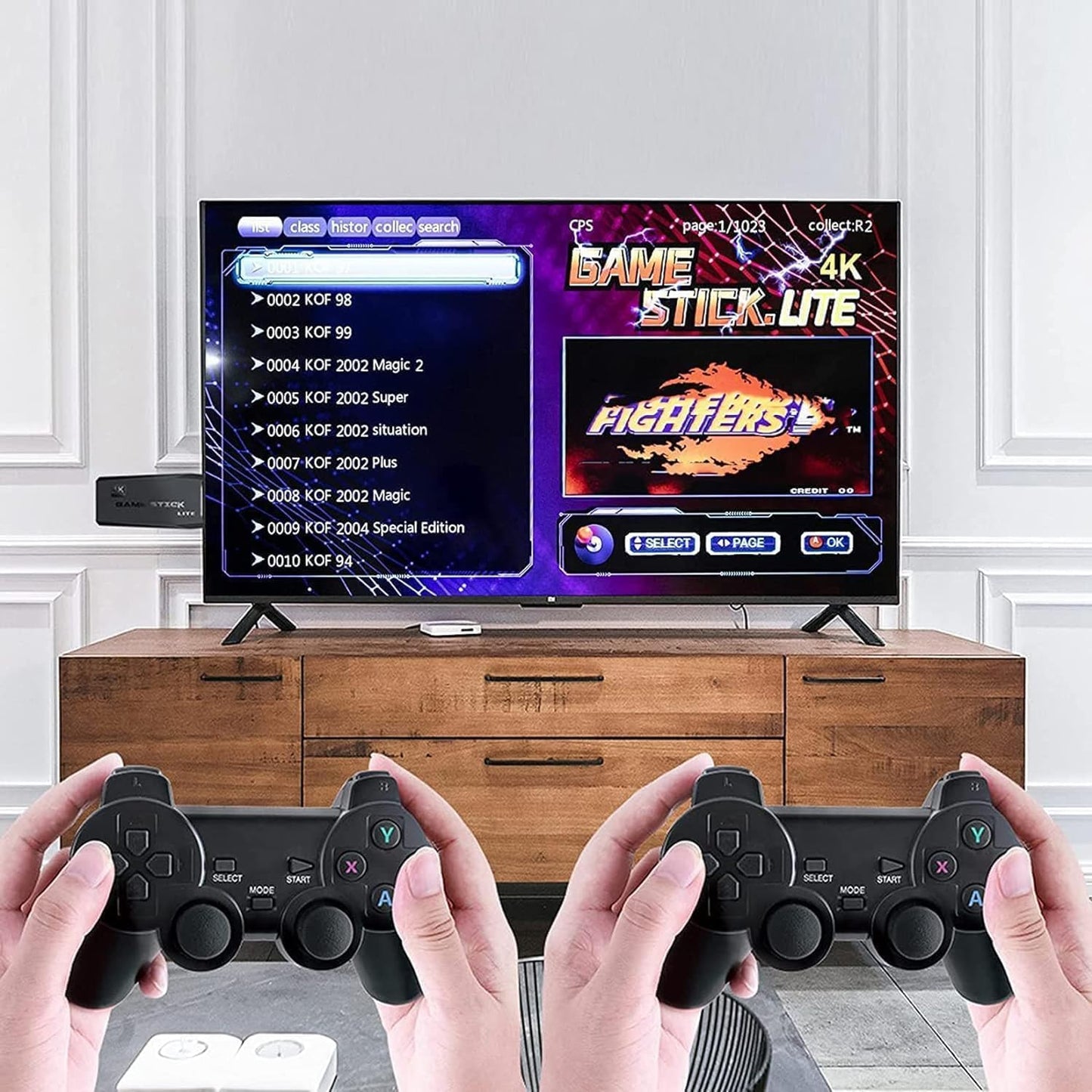 Two hands holding gaming controllers in front