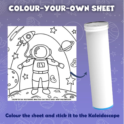 Color-your-own sheet with an astronaut design and a kaleidoscope on a purple background.