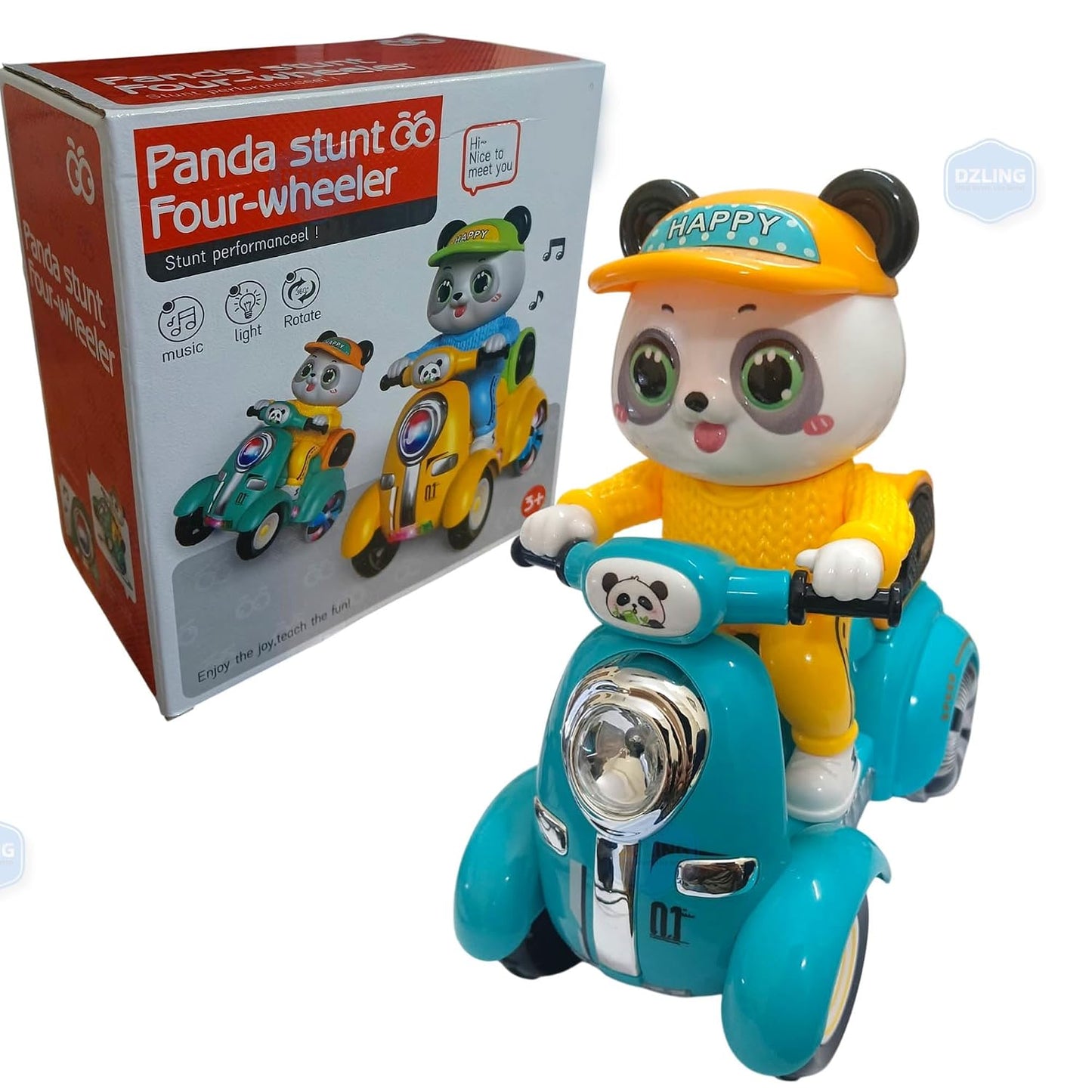 DZLING Panda Stunt Four-Wheeler Toy for Kids | Musical Rotating Panda Scooter with Flashing Lights & 360° Stunt Action | Battery Operated Fun Bike Toy...