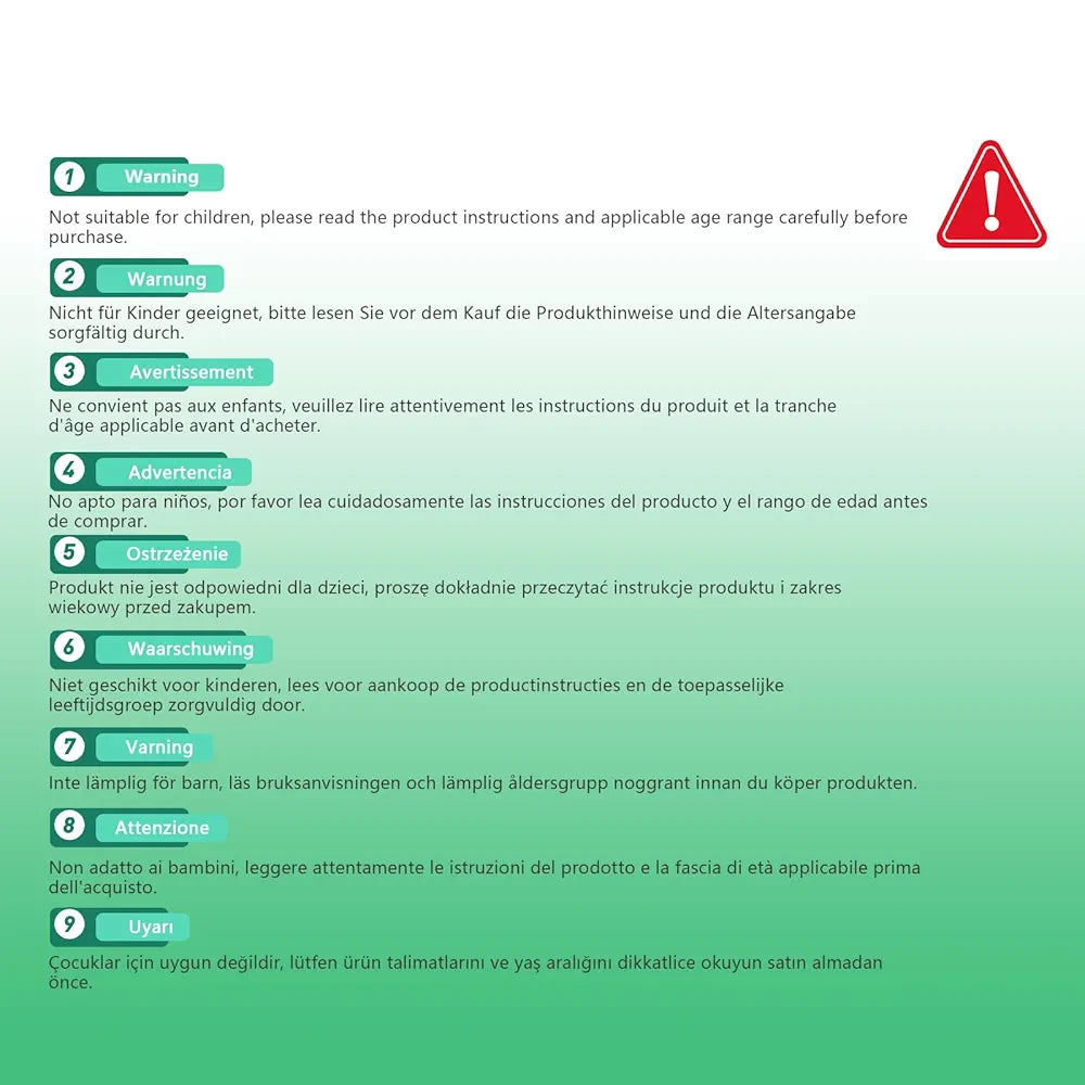 Multilingual warning label on a green background 