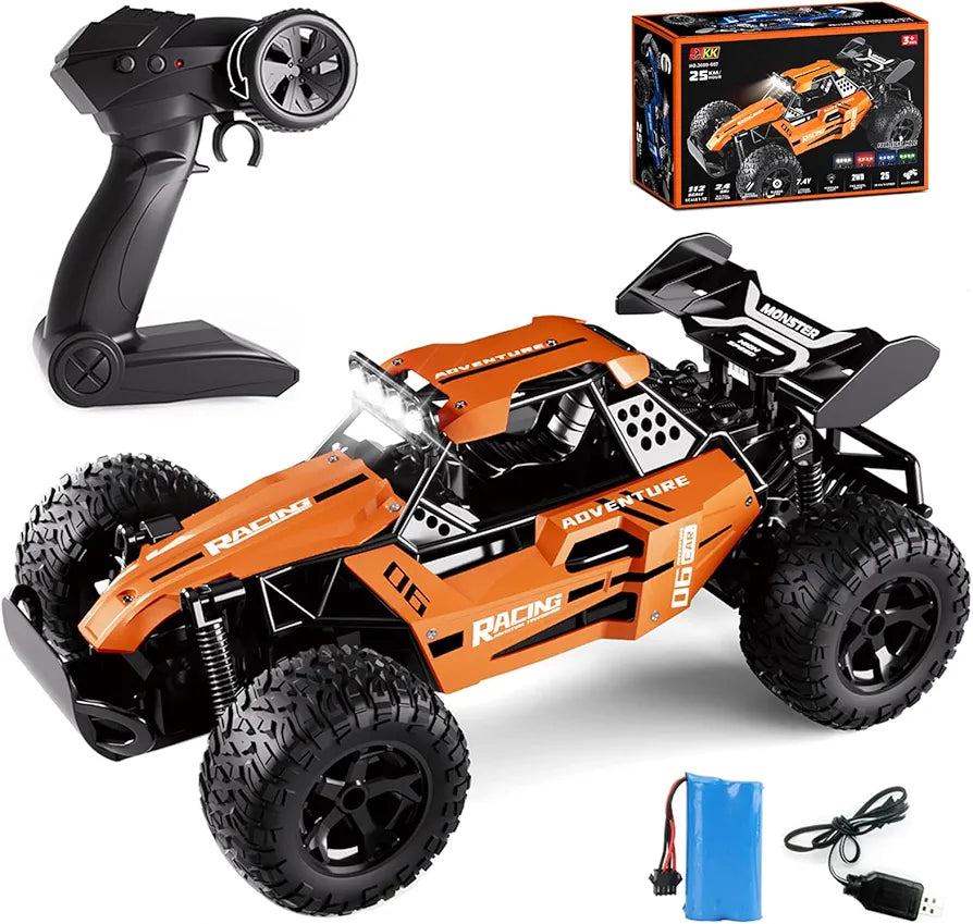 RC Monster Truck for Kids Ages 4–8, 1:12 Remote Control Car with Alloy Shell, 15.5 MPH (25KM/H) Fast Off Road Orange RC Car with 2 Speed Modes & LED Lights, 2.4GHz Easy Control Toy Gift for Boys