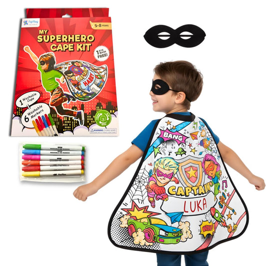 My Superhero Cape Coloring Kit, 6 Smudge-Free Washable Markers & Eye Mask, Reusable