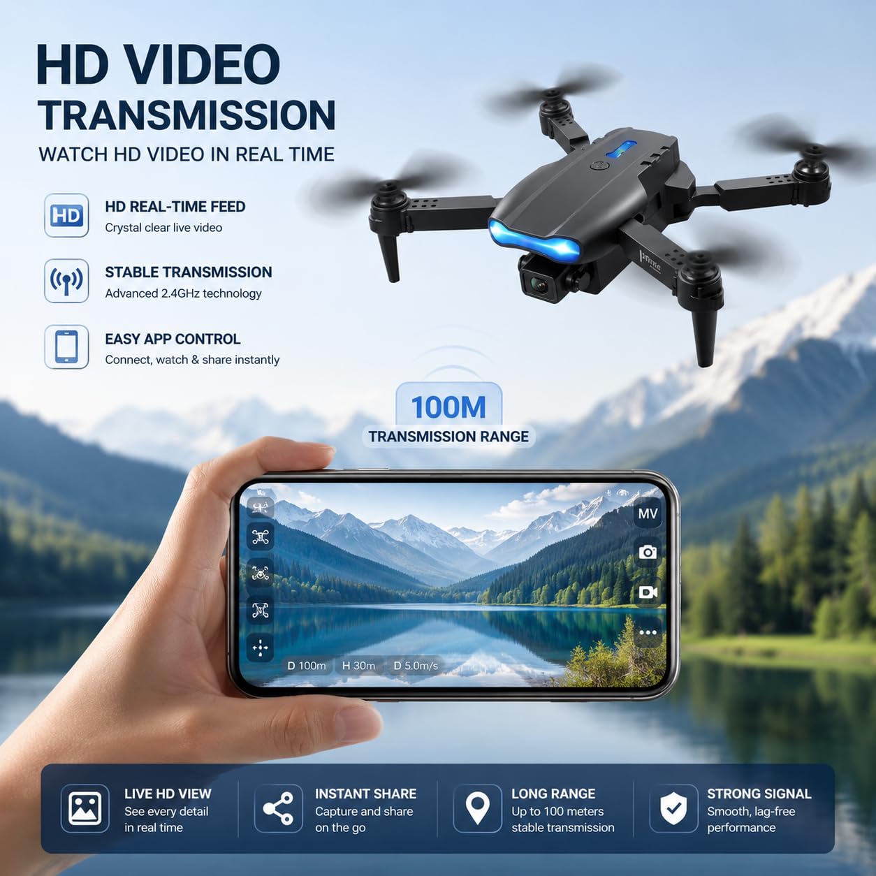 E88 4K HD Camera Foldable Dron Toy with APP Control, Air Pressure Altitude Hold, 360° Roll & Long Life Battery | WiFi FPV RC Quadcopter for Kids &...