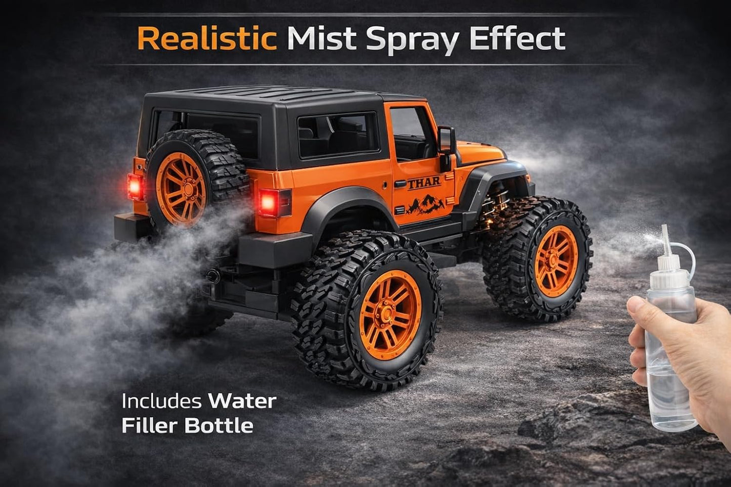 TEC TAVAKKAL 75 Feet+ Range Remote Control Off Road Rock Climbing Car for Kids, Rechargeable Thar Toy with Mist Spray, Openable Doors, Front LED, Shock...