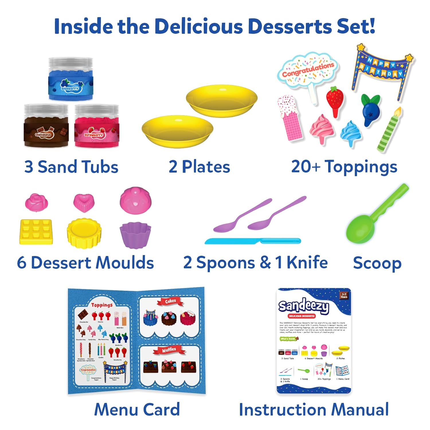 Collection of sand toys and accessories with text indicating contents for a 'Delicious Desserts' set.