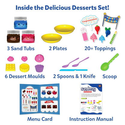 Collection of sand toys and accessories with text indicating contents for a 'Delicious Desserts' set.
