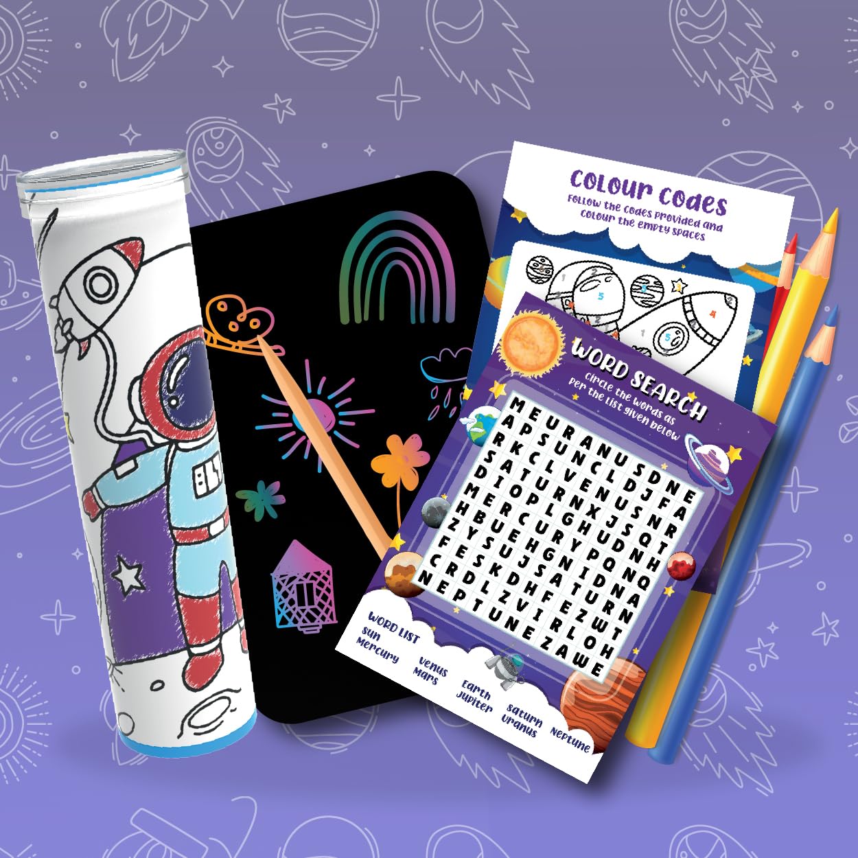 Coloring book, crayons, and word search activity sheet on a purple background with space-themed illustrations.