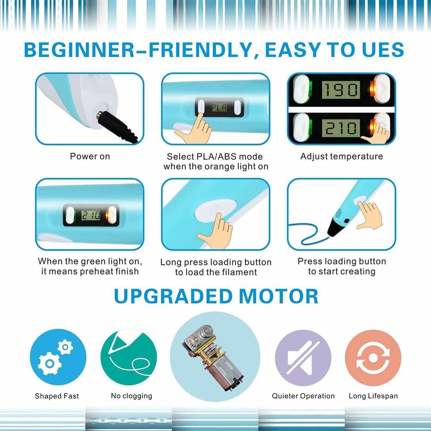 3D Pen with Adapter| 3D Pen for Kids| 3D Pen with 3 * 1.75MM PLA Filaments 10m Each