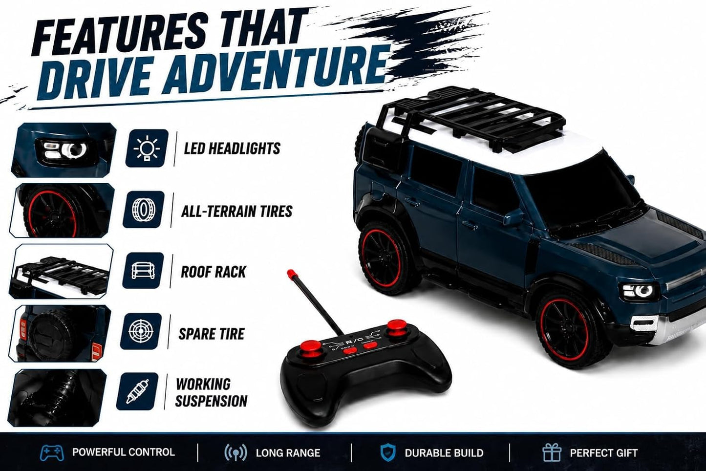 Braintastic RC Defender Remote Control Off-Road SUV Car for Kids, 2.4GHz Rechargeable RC Toy Car with LED Lights, Full Function, High-Speed Racing Vehicle...