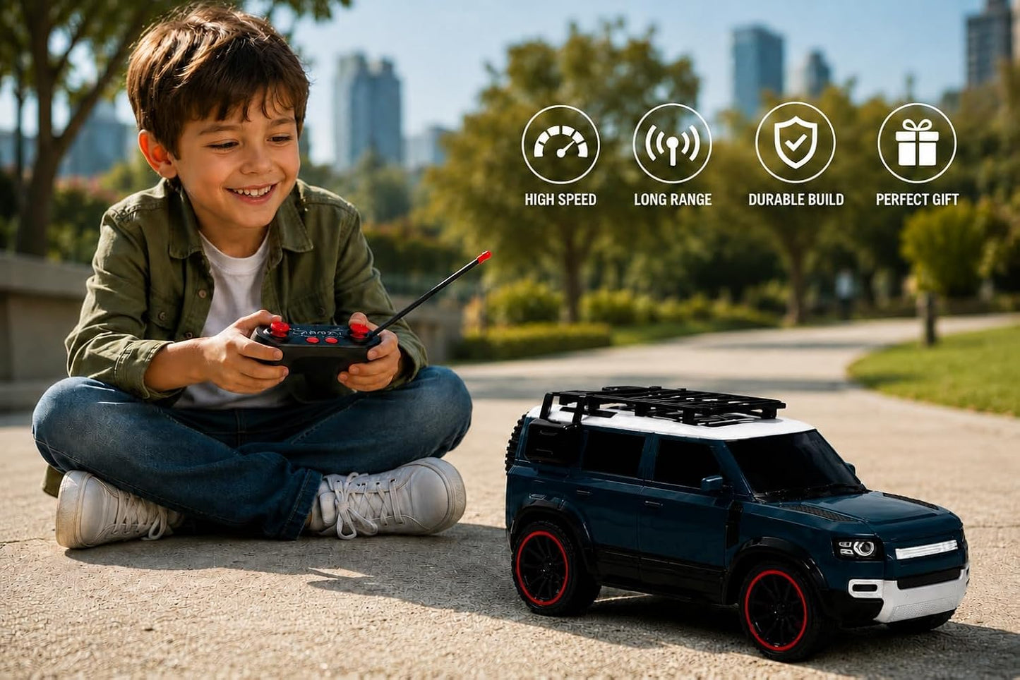 Braintastic RC Defender Remote Control Off-Road SUV Car for Kids, 2.4GHz Rechargeable RC Toy Car with LED Lights, Full Function, High-Speed Racing Vehicle...