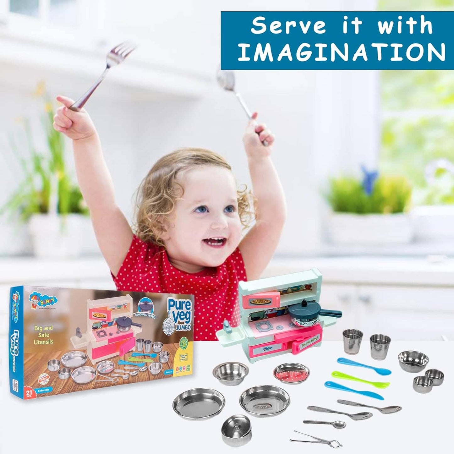 Sunny 21 Pieces Pure Veg Jumbo Kitchen Play Set with Plastic Kitchen Stand & Stainless Steel Utensils