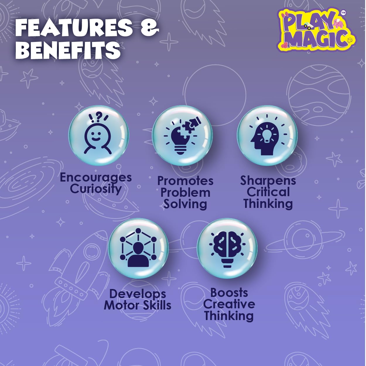 Playa Magic product features and benefits on a purple background with icons and text.
