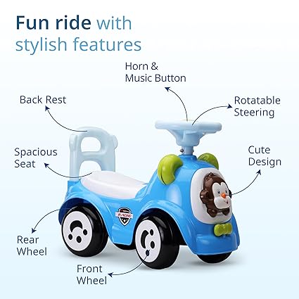 LuvLap Sunny Ride on & Car for Kids with Music & Horn Steering, Push Car for Baby with Backrest, Safety Guard, Under Seat Storage & Big Wheels, Ride on for Kids 1 to 3 Years Upto 25 Kgs (Blue)