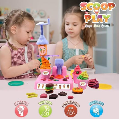 Scoop ‘n Play Ice Cream Maker Set for Kids – 36 Pcs Play Dough Kit with 6 Colors Non-Toxic Modeling Clay, DIY Dessert Station, Creative Kitchen Toys for Boys & Girls Ages 3+ (Gift for Birthdays)