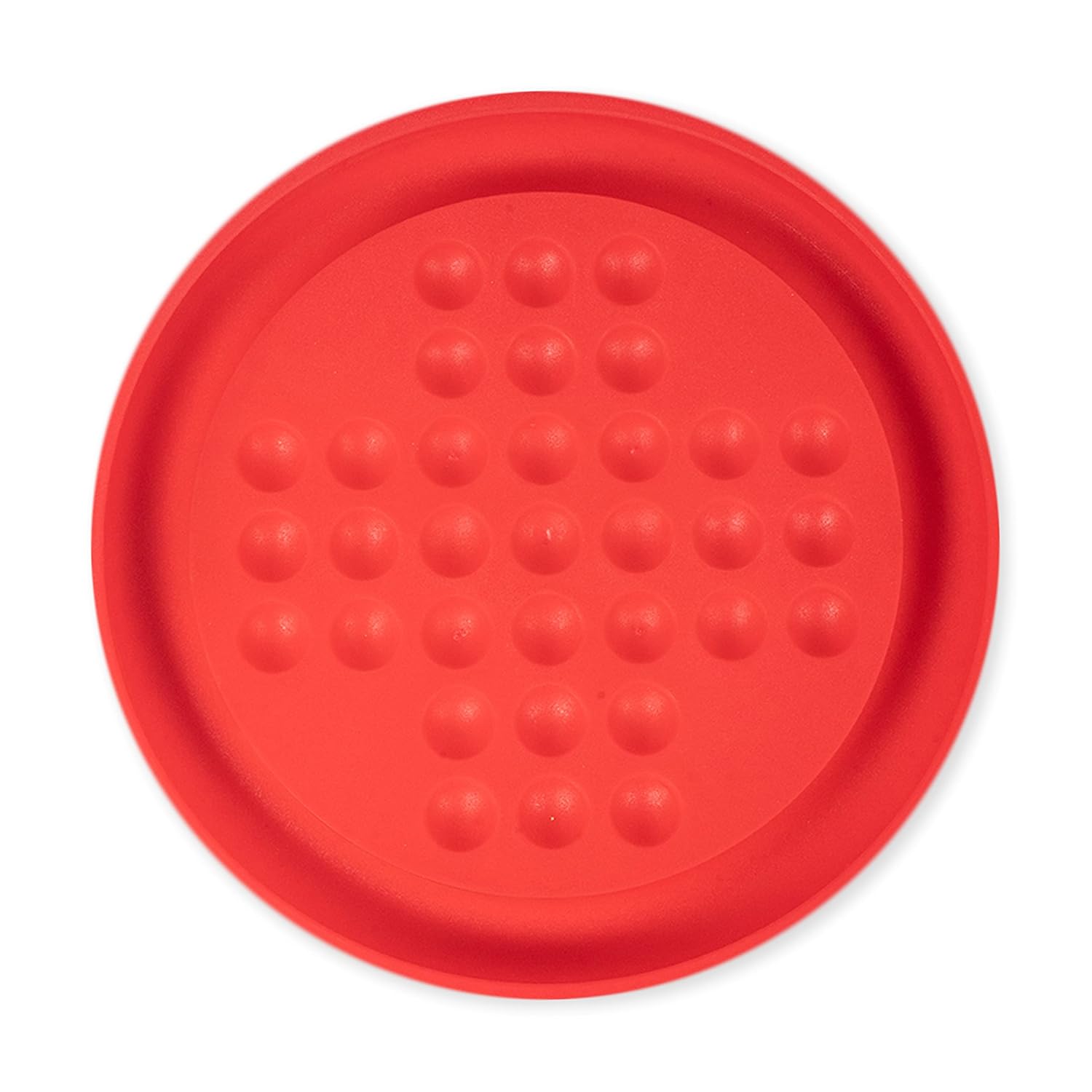 Red silicone trivet with textured surface on a white background