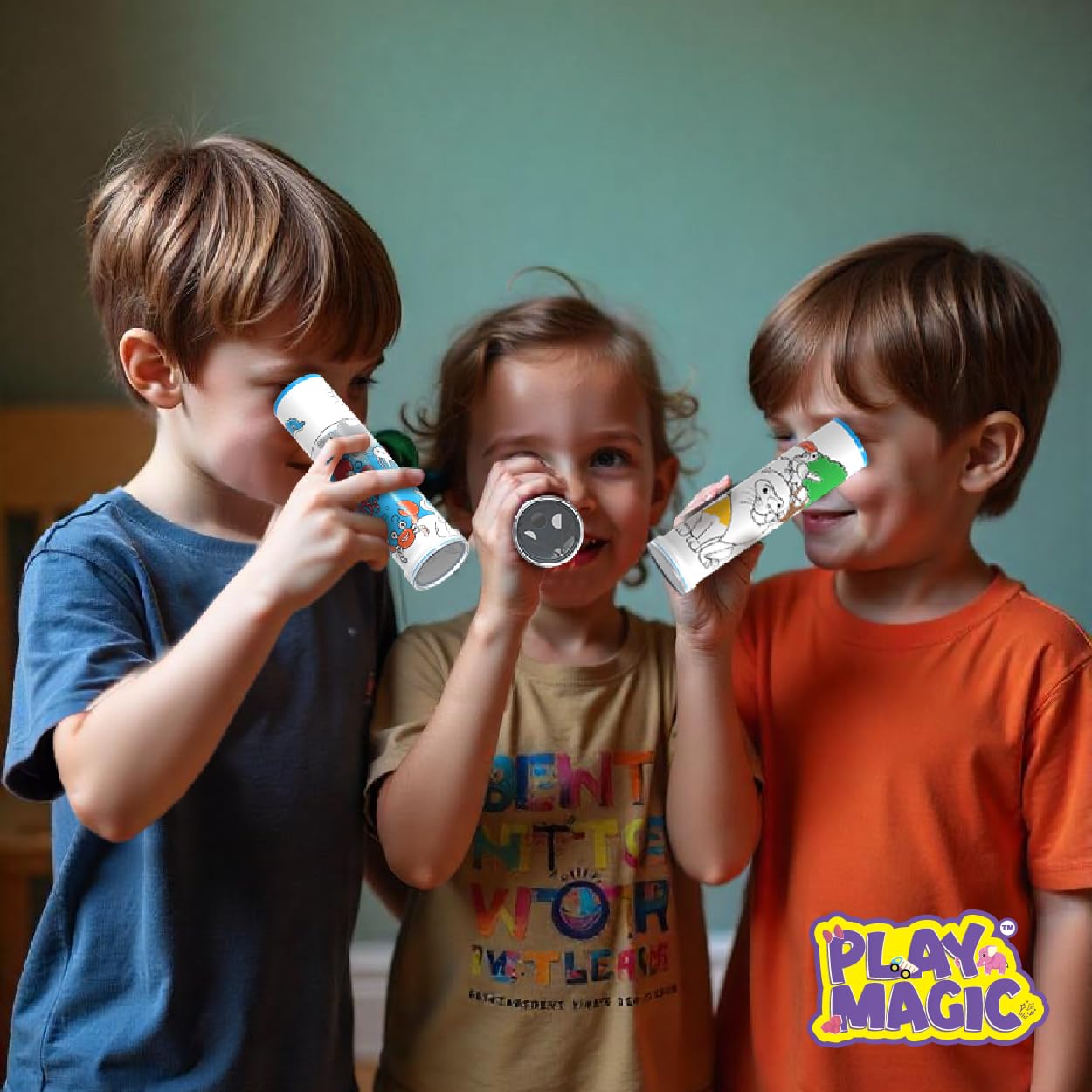 Three children playing with toy microphones against a plain background