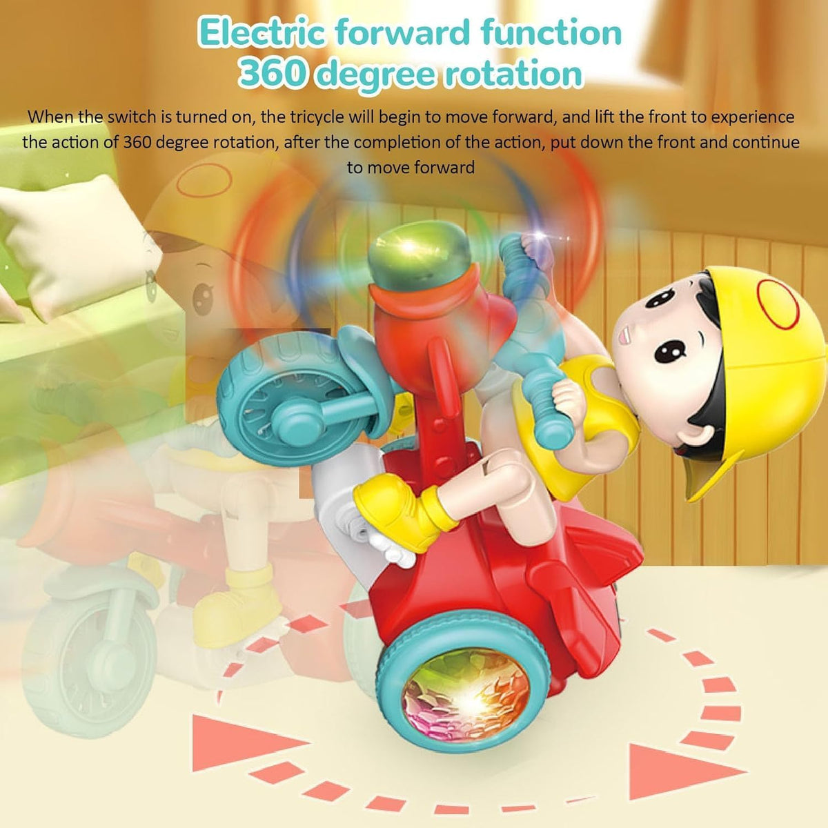 KIDDOVATE Musical Tricycle Toy for Kids with Light & Music, 360°