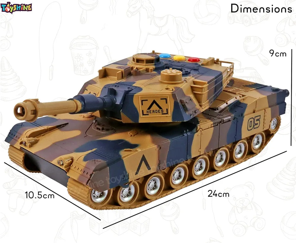 Friction Powered Army Tank Vehicle with Lights and Sounds, Pretend War & Action Toy for Kids, Brown