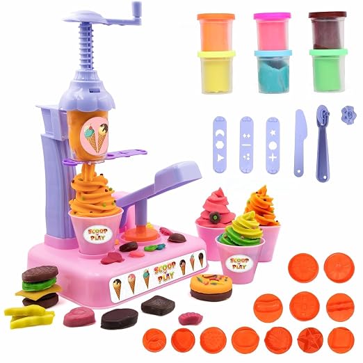 Scoop ‘n Play Ice Cream Maker Set for Kids – 36 Pcs Play Dough Kit with 6 Colors Non-Toxic Modeling Clay, DIY Dessert Station, Creative Kitchen Toys for Boys & Girls Ages 3+ (Gift for Birthdays)