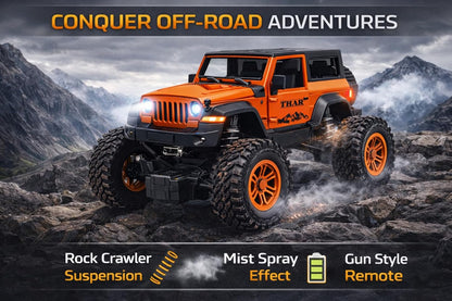 TEC TAVAKKAL 75 Feet+ Range Remote Control Off Road Rock Climbing Car for Kids, Rechargeable Thar Toy with Mist Spray, Openable Doors, Front LED, Shock...