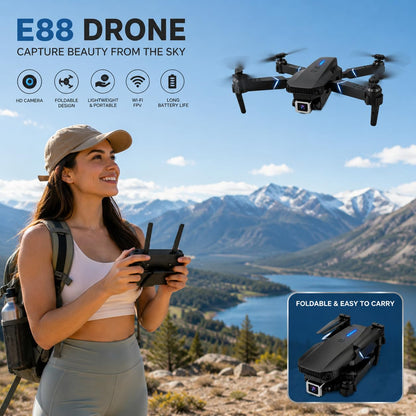 E88 4K HD Camera Foldable Dron Toy with APP Control, Air Pressure Altitude Hold, 360° Roll & Long Life Battery | WiFi FPV RC Quadcopter for Kids &...