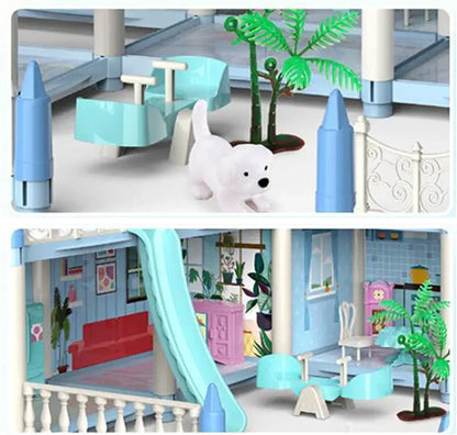 Children's playhouse with slide and furniture, featuring a polar bear toy.