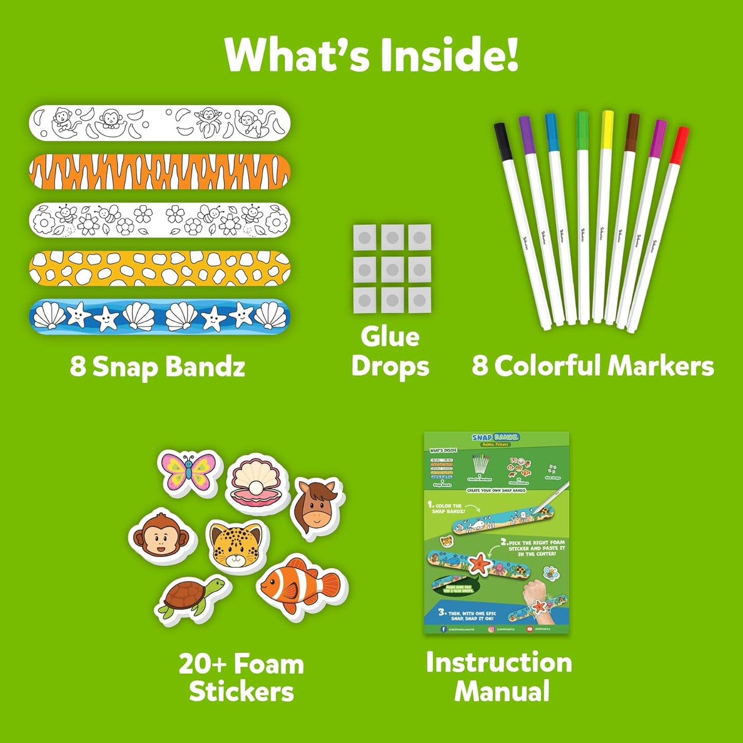 Skillmatics Craft Activity - Snap Bandz, Animals, DIY Art & Craft Activity, Mess-Free, Creative Kit, 8 Bands (8.6"), Gifts for Boys & Girls