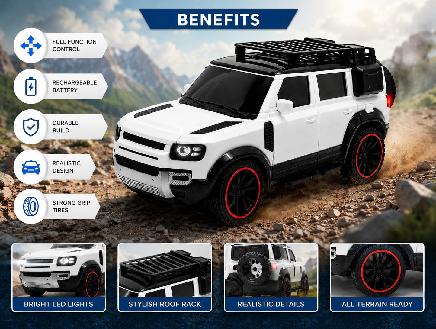 Braintastic RC Defender Remote Control Off-Road SUV Car for Kids, 2.4GHz Rechargeable RC Toy Car with LED Lights, Full Function, High-Speed Racing Vehicle...