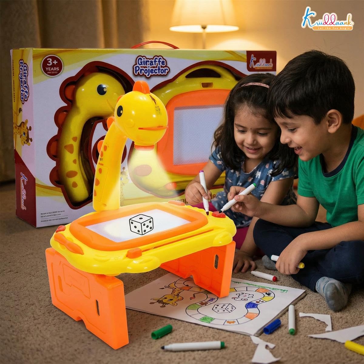 Kriiddaank Giraffe Toy Projector Drawing Set for Kids - 2-in-1 Art Table & Writing Board with 24 Patterns, 3 Slides, Markers & Eraser - Educational...