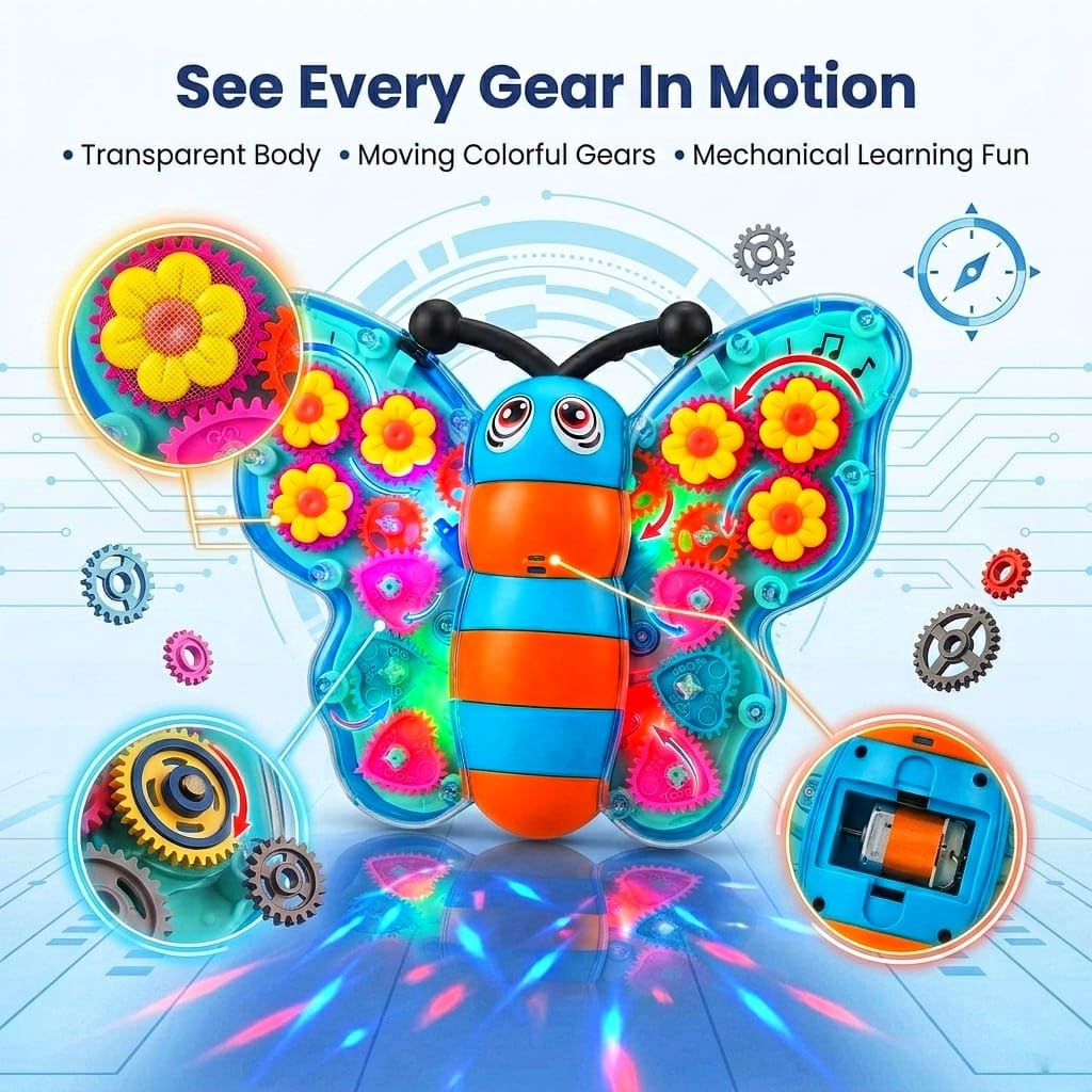 PotPicks Transparent Gear Butterfly Toy with Lights & Music | Battery Operated Bump & Go Musical Toy | Rotating Wings Interactive Sensory Learning...