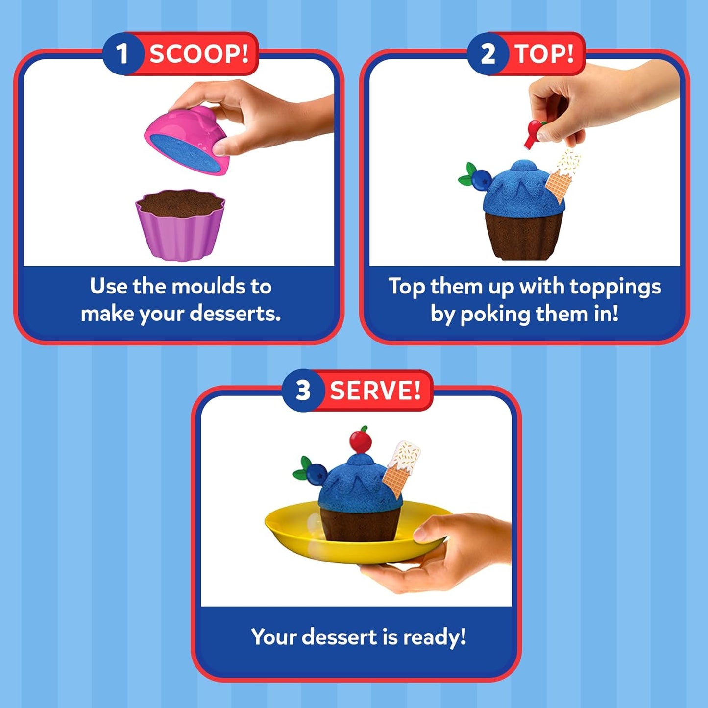 Step-by-step guide for making a dessert using moulds and toppings on a blue striped background.
