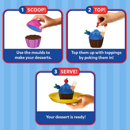 Step-by-step guide for making a dessert using moulds and toppings on a blue striped background.