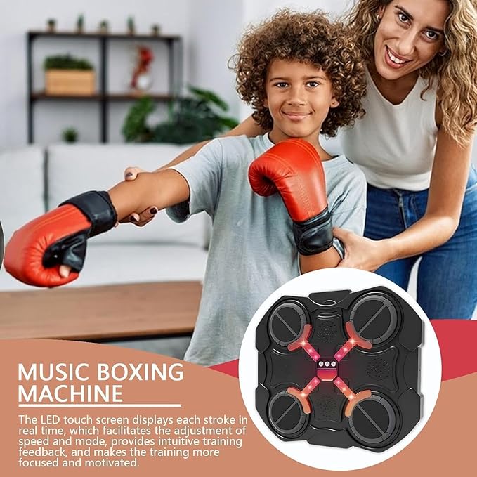 Child and adult with boxing gloves, music boxing machine inset, living room background