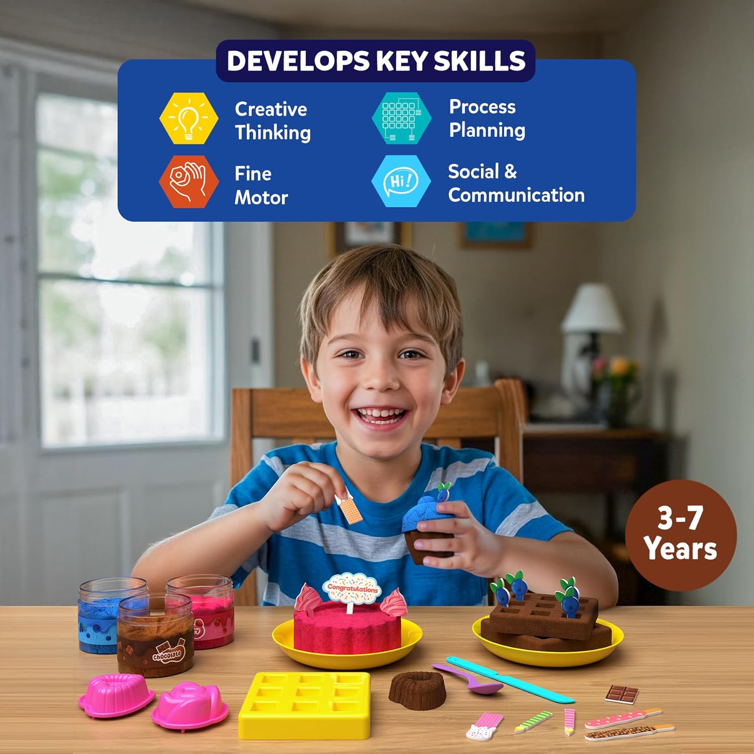Child playing with a toy kitchen set in a room with a window and furniture.