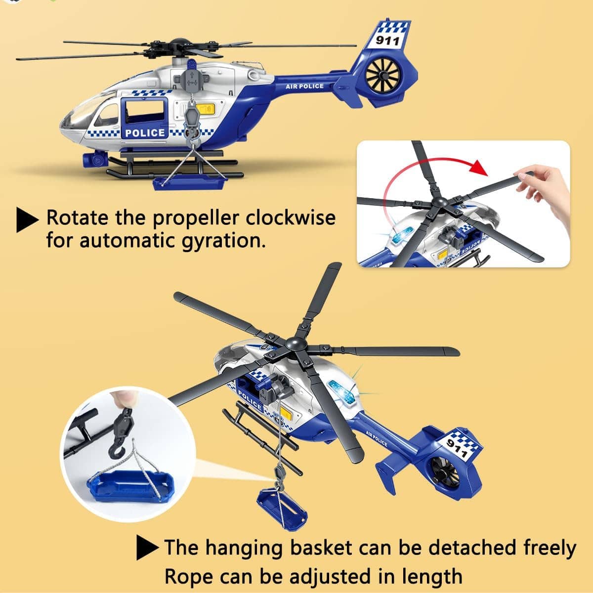 Police Air Rescue Helicopter Toy with Lights and Sounds, 15 x 4.3 x 4.3 inches (Police Planes)