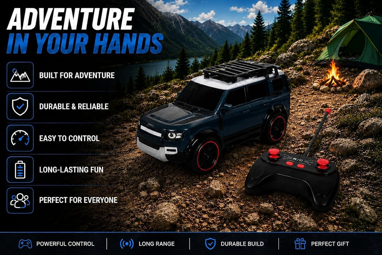 Braintastic RC Defender Remote Control Off-Road SUV Car for Kids, 2.4GHz Rechargeable RC Toy Car with LED Lights, Full Function, High-Speed Racing Vehicle...