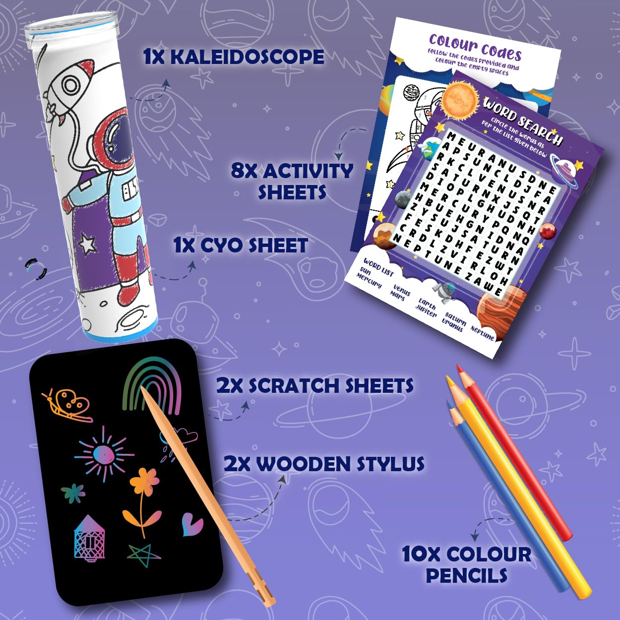 Children's activity set with kaleidoscope, activity sheets, scratch sheets, and coloring supplies on a purple background.