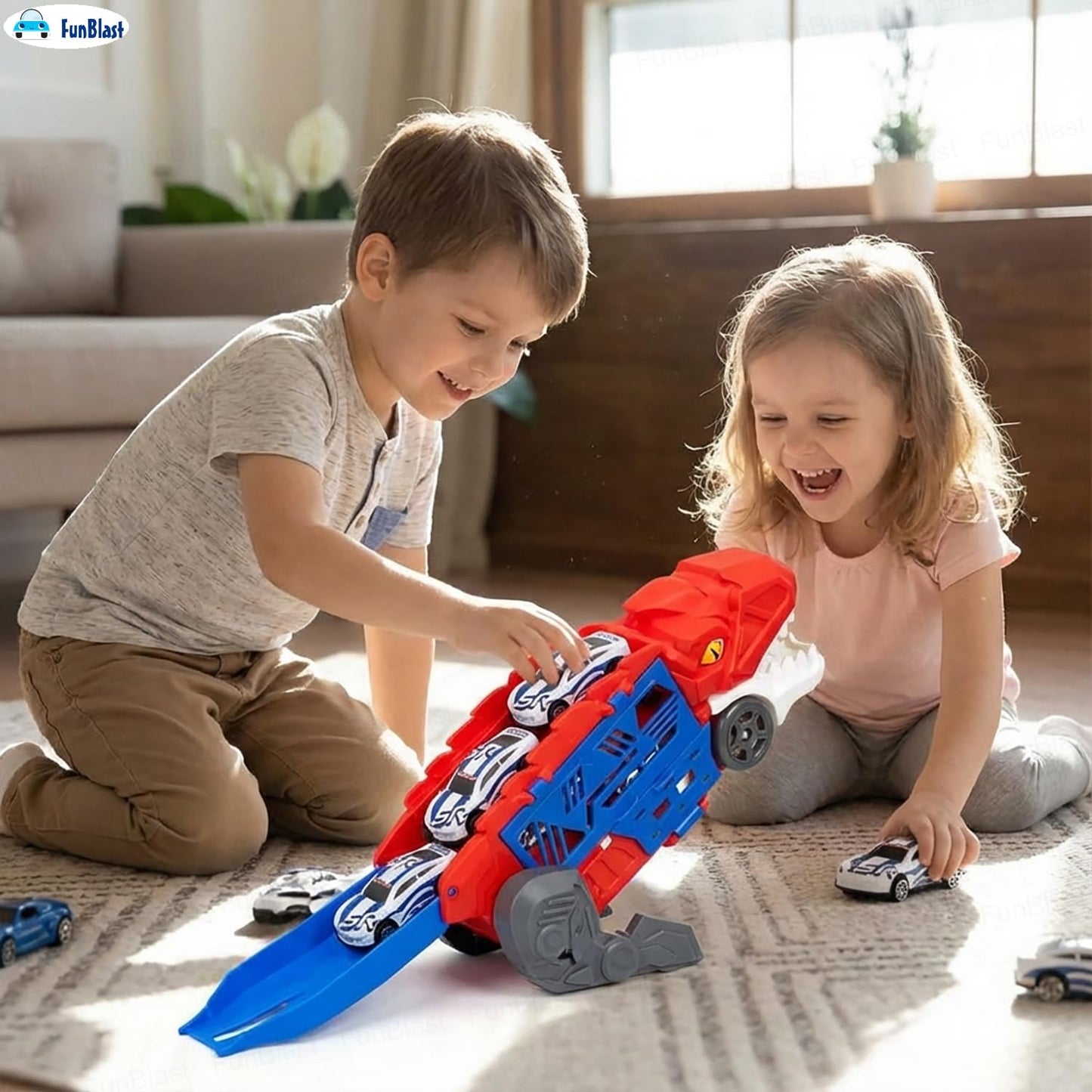 FunBlast Dinosaur Parking Lot Playset for Kids – 2-in-1 Dino Garage with Launcher, Storage Compartment