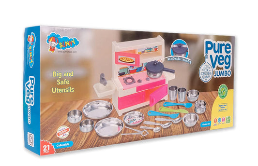 Sunny 21 Pieces Pure Veg Jumbo Kitchen Play Set with Plastic Kitchen Stand & Stainless Steel Utensils