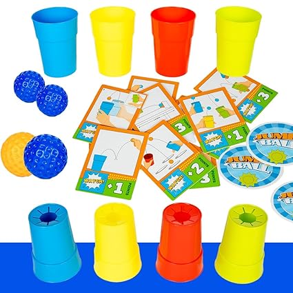 Ratna's Jump Ball Game Set, Pop It, Catch It & Launch It, Indoor & Outdoor Activity Game with 20 Cards, 16 Balls, 4 Cups, 8 Coasters, Ages 5+ Years